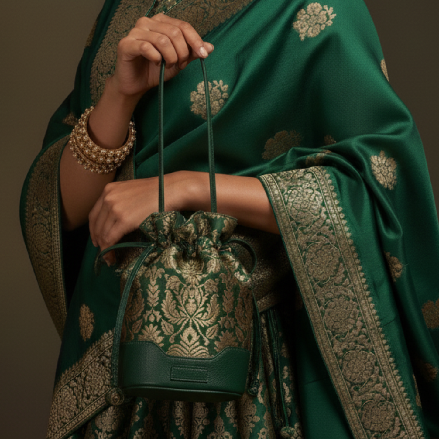 Emerald Bloom Potli - Deep Forest Green